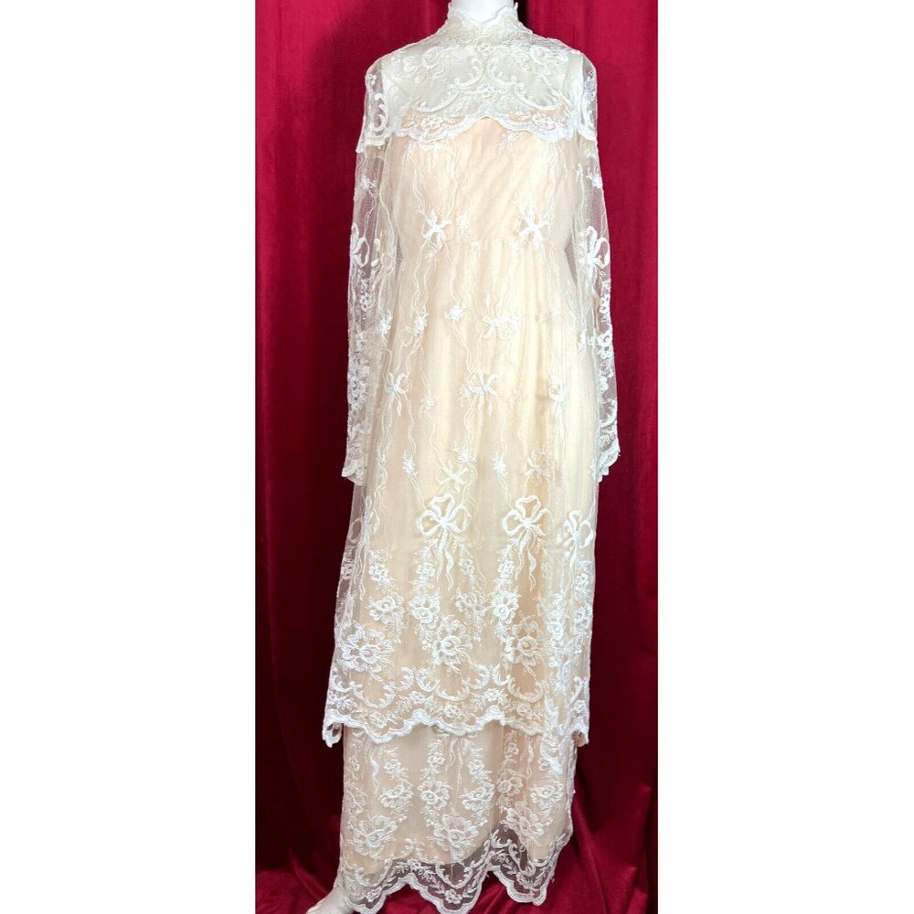 LOVELY 1970s Tambour Lace Wedding Tea Dress Tiered Skirt Edwardian Style 70s - Picture 9 of 12
